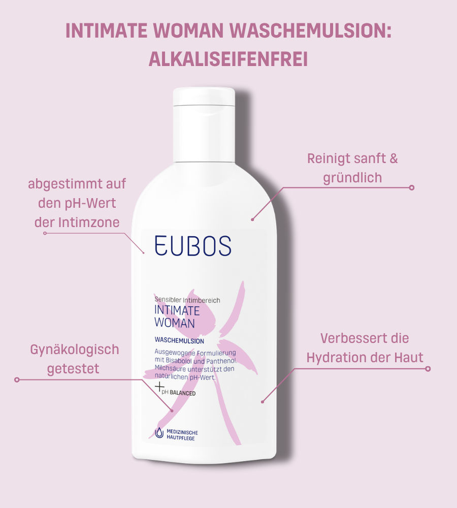EUBOS Intimate Woman Waschemulsion. Text über Inhaltsstoffe: Milchsäure, Bisabolol, Panthenol.